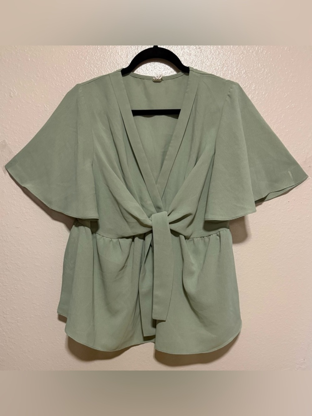 Maternity Sage Green Tie Front Blouse | V-Neck Flutter Sleeve Top XL - Picture 2 of 4